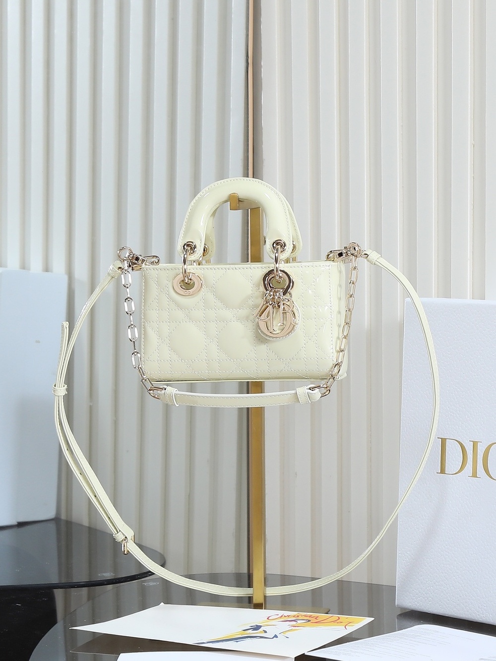 Christian Dior Lady D-Joy Mini Shoulder Bag Beige Patent Leather